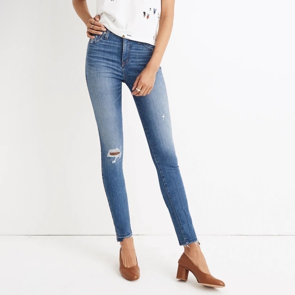 Madewell 10” High Rise Skinny Jeans Drop Step Hem Denim Stretch Distressed